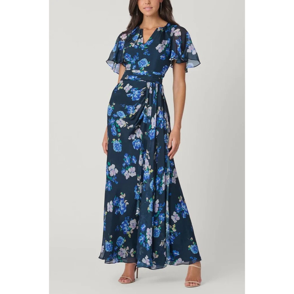 NWOT Shoshanna Macie Floral Maxi Dress in Indigo Multi Navy Lilac Print Flutter